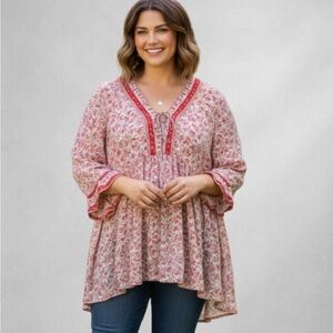 Cynthia Rowley Woman Boho Paisley Peasant Tunic Blouse 3X Red Floral Ruffle bb